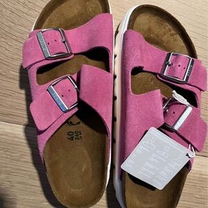 Fuchsia Suede Double Strap Sandals